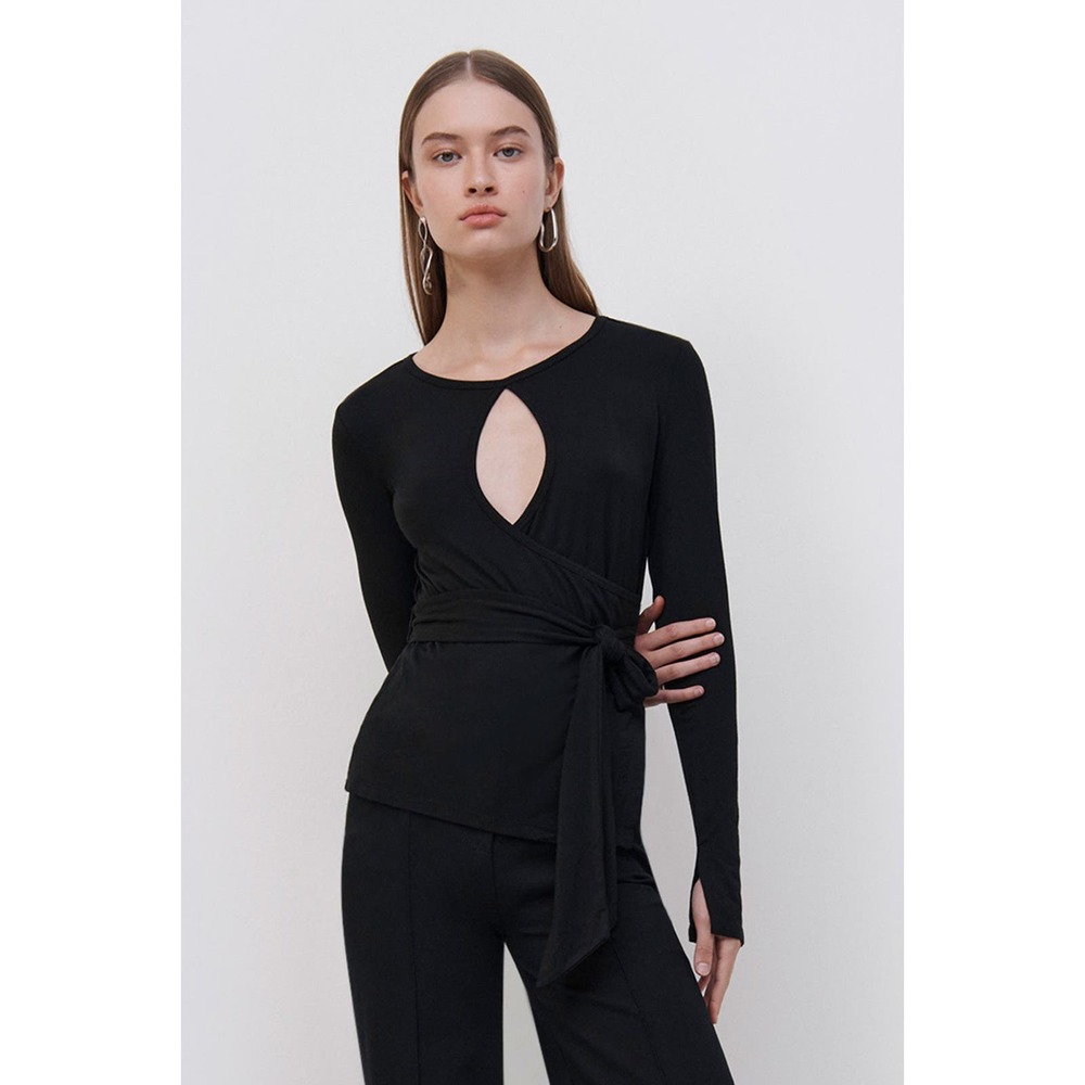 JONATHAN SIMKHAI Women's Black Jeneen Self Tie Wrap Pullover Top Size S NWT